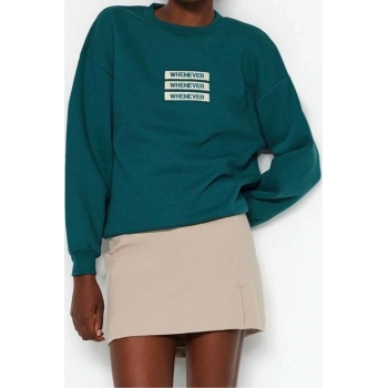 Bisiklet Yaka Düşük Kol Kalın İçi Polarlı Slogan Nakışlı Rahat Kalıp Örme Sweatshirt