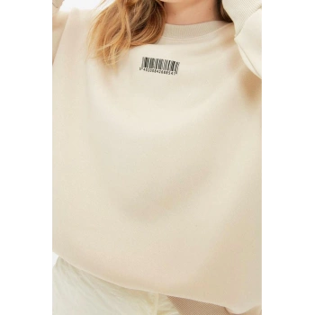 Bisiklet Yaka Balon Kol Kalın İçi Polarlı Minimal Baskılı Balon Kol Örme Sweatshirt