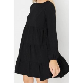 Moda Stil Relaxed Bisiklet Yaka Mini Boy Volanlı Skater Belden Açılan Bürümcük Dokulu Örme Elbise