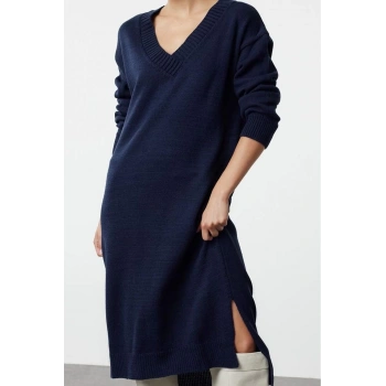 Moda Stil Oversize V Yaka Maxi Boy Triko Geniş Kalıp Elbise