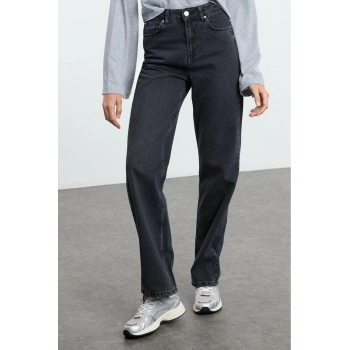 Stil Kadın Moda Denim Kot Pantolon Regular Geniş Paça Yüksek Bel Uzun Straight Jeans