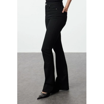 Stil Kadın Moda Denim Kot Pantolon Uzun İspanyol Paça Solmayan Yüksek Bel Jeans