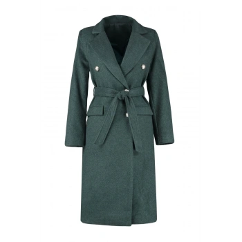 Tasarım Düz Astarlı Yaka Uzun Fitted Ceket Kadın Fitted Kuşaklı Gold Düğmeli Uzun Yünlü Kaşe Kaban