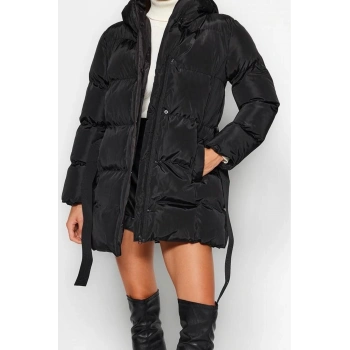 Tasarım Düz Astarlı Yaka Midi Regular Kapüşonlu Kadın Regular Kuşaklı Su İtici Şişme Mont