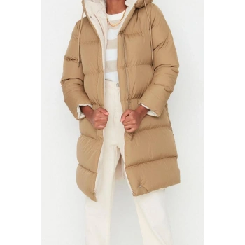 Tasarım Düz Çift Taraflı Yaka Uzun Regular Kapüşonlu Kadın Kapüşonlu Su İtici Şişme Anorak Mont