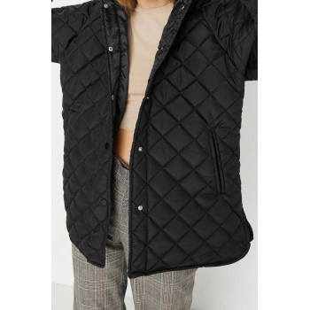 Tasarım Düz Astarlı Yaka Midi Regular Kapüşonlu Kadın Kapüşonlu Su İtici Kapitone Mont