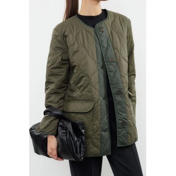 Tasarım Renkli Astarlı Yaka Midi Regular Bisiklet Kadın Oversize Su İtici Kapitone Mont