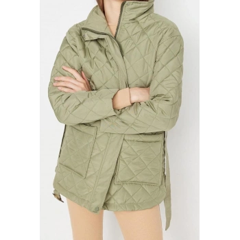 Tasarım Düz Astarlı Yaka Midi Regular Dik Kadın Oversize Kemerli Su İtici Kapitone Mont