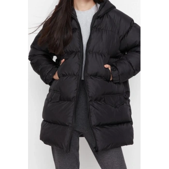 Tasarım Düz Astarlı Yaka Midi Regular Kapüşonlu Kadın Oversize Kapüşonlu Su İtici Şişme Mont