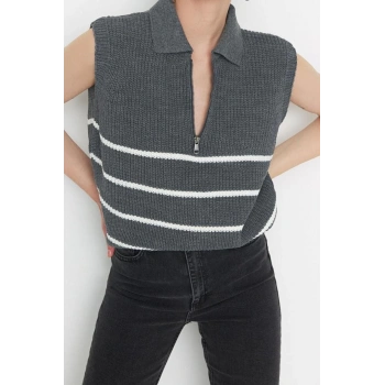 Stil Modern Kadın Regular Standart Kol Polo Yaka Fermuarlı Çizgili Triko Süveter