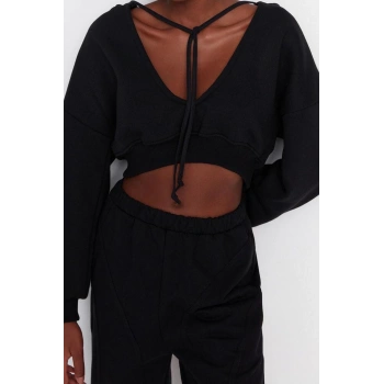 Relaxed Kapüşonlu Düşük Kol Crop Kalın İçi Polarlı V Yaka Rahat Kesim Crop Örme Sweatshirt