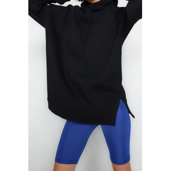 Tarz Bol Kapüşonlu Düşük Kol Uzun Şardonlu Örme Sweatshirt