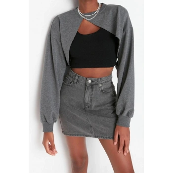 Tarz Crop Bisiklet Yaka Düşük Kol Crop Asimetrik Super Crop İnce Örme Sweatshirt