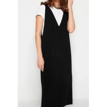 Moda Stil Regular V Yaka Maxi Boy Triko Jile Elbise