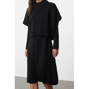 Moda Stil Oversize Dik Yaka Midi Boy Triko Süper Geniş Kalıp Süveterli Elbise