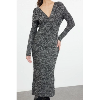 Moda Stil Slim V Yaka Midi Boy Triko Degrade Elbise