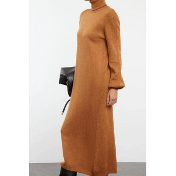 Moda Stil Regular Balıkçı Yaka Midi Boy Triko Yumuşak Dokulu Kazak Elbise