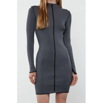 Moda Stil Slim Dik Yaka Mini Boy Kahverengi Triko Konstrat Renkli Elbise