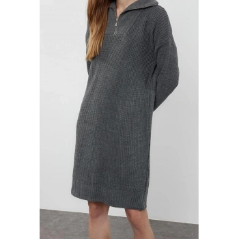 Moda Stil Regular Dik Yaka Mini Boy Triko Fermuarlı Elbise