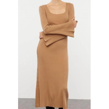 Moda Stil Slim Kare Yaka Midi Boy Triko Basic Kol Ucu Detaylı Elbise