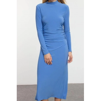 Moda Stil Slim Dik Yaka Midi Boy Düz Drape Detaylı A-Line Esnek Örme Örme Elbise