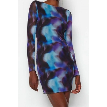 Moda Stil Slim Bisiklet Yaka Mini Boy Baskılı Tül Fitted Vücuda Oturan Esnek Örme Elbise