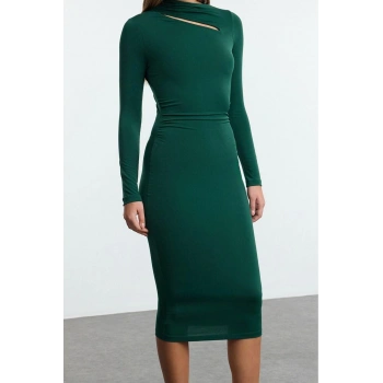 Moda Stil Slim Dik Yaka Midi Boy Cut Out Detaylı Fitted Vücuda Oturan Esnek Örme Elbise