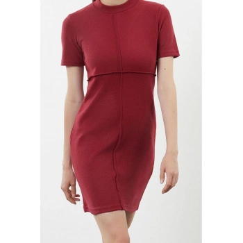 Moda Stil Regular Dik Yaka Mini Boy A Kesim Çan Form Selanik Triko Görünümlü Örme Elbise