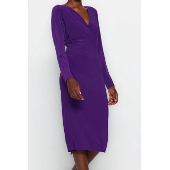 Moda Stil Slim Kruvaze Midi Boy Yarasa Kol Detaylı Fitted Vücuda Oturan Esnek Örme Elbise