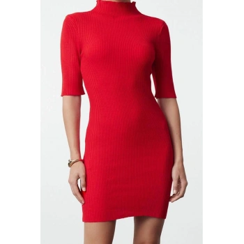 Moda Stil Slim Dik Yaka Mini Boy Triko Elbise