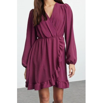Moda Stil Regular Kruvaze Mini Boy Kuşaklı Dokuma Volanlı Elbise