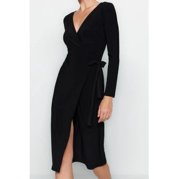 Moda Stil Regular Kruvaze Midi Boy Yaka Kuşaklı Fitted Vücuda Oturan Örme Elbise