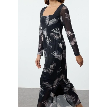 Moda Stil Slim Kare Yaka Midi Boy Tül Çiçekli Vücuda Oturan Esnek Örme Kalem Elbise