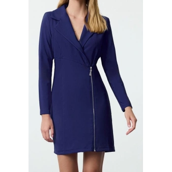 Moda Stil Fitted Ceket Yaka Mini Boy Fermuar Detaylı Dokuma Elbise