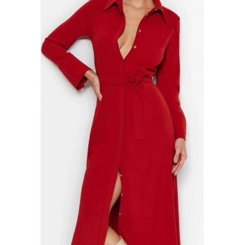 Moda Stil Regular Gömlek Yaka Midi Boy Kuşaklı Düğmeli Dokuma Gömlek Elbise