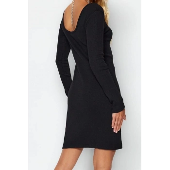 Moda Stil Slim Bisiklet Yaka Mini Boy Fitilli Sırt Detaylı Fitted Vücuda Oturan Esnek Örme Elbise