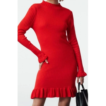 Moda Stil Regular Dik Yaka Mini Boy Triko Etek Ucu Detaylı Elbise