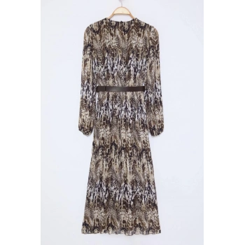 Moda Stil Regular Kruvaze Midi Boy Kemerli Düz Kemerli Dokuma Elbise