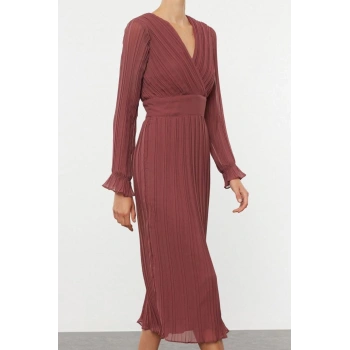 Moda Stil Regular Kruvaze Midi Boy Kuşaklı Düz Dokuma Elbise