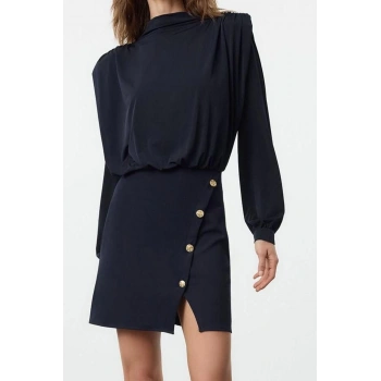 Moda Stil Regular Dik Yaka Mini Boy Düz Vatkalı Dokuma Elbise