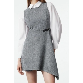 Moda Stil Regular Bisiklet Yaka Mini Boy A Kesim Eteği Asimetrik Dokuma Elbise