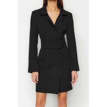 Moda Stil Regular Ceket Yaka Mini Boy Kemerli Dokuma Düğme Detaylı Dokuma Elbise