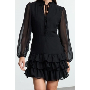 Moda Stil Regular Dik Yaka Mini Boy Eteği Belden Açılan Şifon Astarlı Dokuma Kışlık Elbise