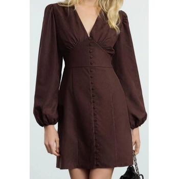 Moda Stil Regular V Yaka Mini Boy Düz Balon Kollu Süet Dokuma Elbise