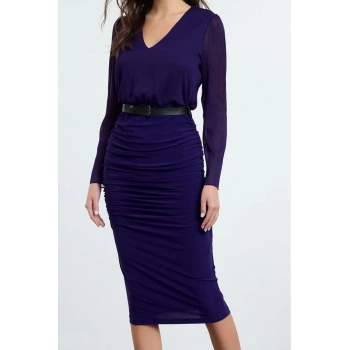 Moda Stil Regular V Yaka Midi Boy Düz Dokuma Elbise