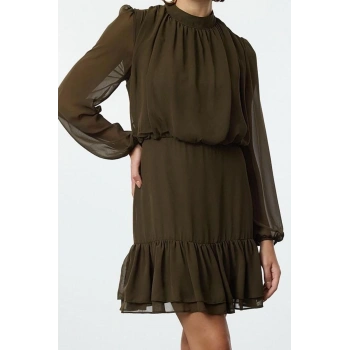 Moda Stil Regular Dik Yaka Mini Boy Eteği Volanlı Şifon Dokuma Kışlık Elbise