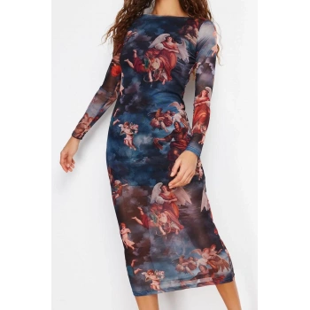 Moda Stil Slim Bisiklet Yaka Midi Boy Baskılı Astarlı Vücuda Oturan Tül Örme Örme Elbise