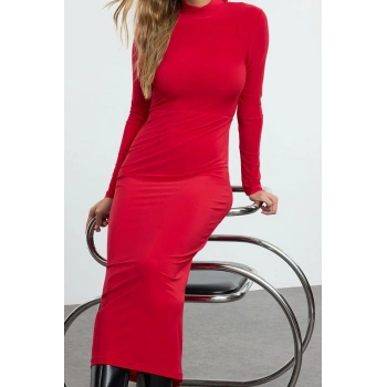 Moda Stil Slim Dik Yaka Maxi Boy Fitted Vücuda Oturan Esnek Örme Elbise