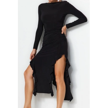 Moda Stil Regular Bisiklet Yaka Midi Boy Eteği Volanlı Kayık Kaya Esnek Örme Elbise