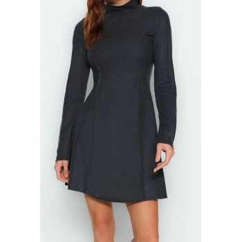 Moda Stil Regular Dik Yaka Mini Boy Dikiş Detaylı Selanik Örme Elbise